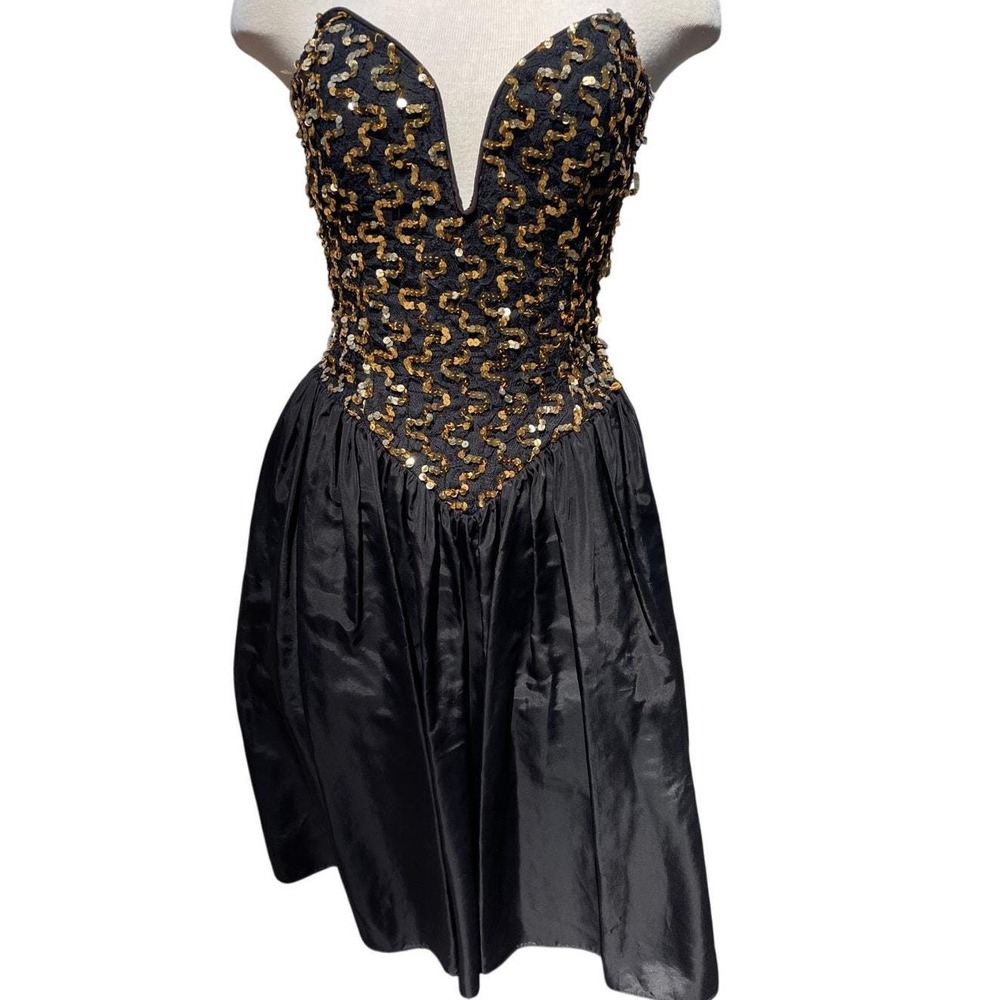 VTG 80s GUNNE SAX Womens (9) Strapless Gold Sequin Black Cocktail Prom Dress USA